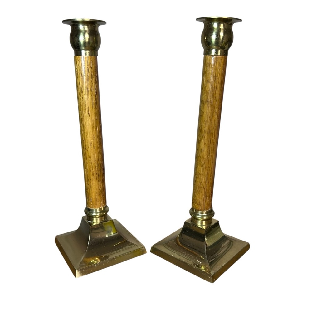 Pair Vintage Brass Wood Candlestick Holders 9.5” Mid Century Modern Taper Candle